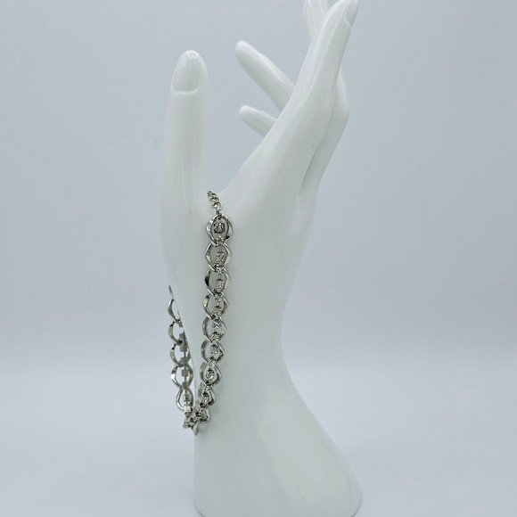 Rhinestone Bracelet Tennis Chain Link Double Strand Statement Jewelry Silvertone - Picture 8 of 9